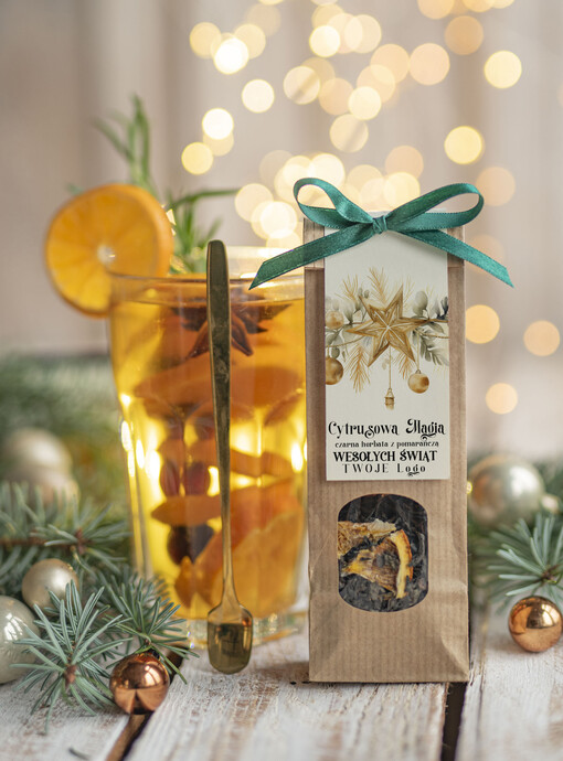 HERBATA KAWA herbata swiateczna prezent, Upominki firmowe na Boże Narodzenie zielona herbata z pomarańczą, Herbata świąteczna drobne prezenty na święta dla pracowników, bożonarodzeniowy prezent herbata świateczna