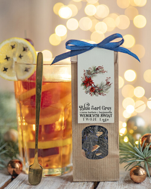 HERBATA KAWA herbata swiateczna prezent, Upominki firmowe na Boże Narodzenie zielona herbata z Earl Grey z blawatkim i bergamotką , Herbata świąteczna drobne prezenty na święta dla pracowników, bożonarodzeniowy prezent herbata świateczna