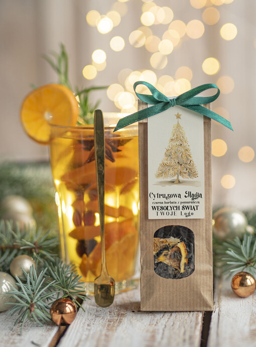 HERBATA KAWA herbata swiateczna prezent, Upominki firmowe na Boże Narodzenie zielona herbata z pomarańczą, Herbata świąteczna drobne prezenty na święta dla pracowników, bożonarodzeniowy prezent herbata świateczna