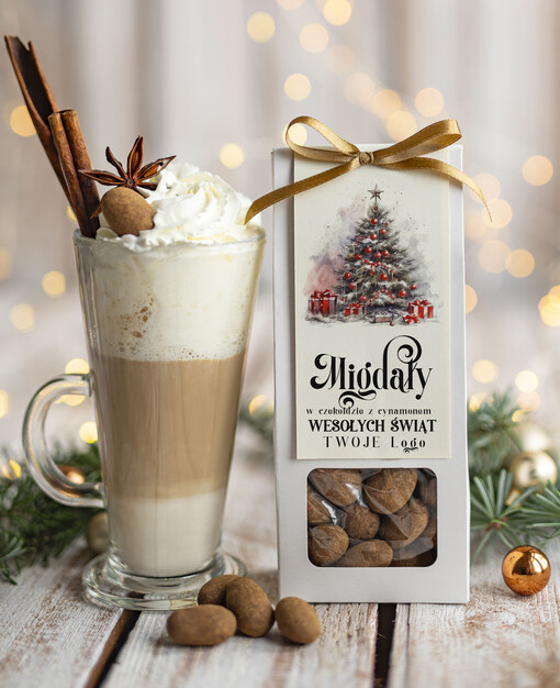 CHRUPKIE DODATKI Migdały w belgijskiej mlecznej czekoladzie z cynamonem drobne prezenty biznesowe dla firm, drobne słodycze upominki na święta dla pracowników, prezent bożonarodzeniowy dla pracowników i kontrahentów, drobne prezenty firmowe