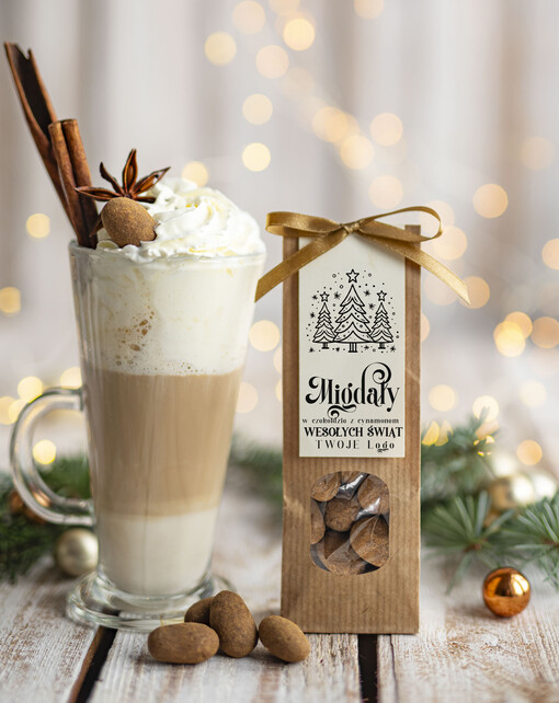 CHRUPKIE DODATKI Migdały w belgijskiej mlecznej czekoladzie z cynamonem drobne prezenty biznesowe dla firm, drobne słodycze upominki na święta dla pracowników, prezent bożonarodzeniowy dla pracowników i kontrahentów, drobne prezenty firmowe