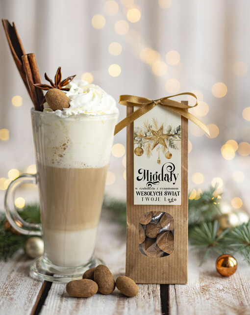 CHRUPKIE DODATKI Migdały w belgijskiej mlecznej czekoladzie z cynamonem drobne prezenty biznesowe dla firm, drobne słodycze upominki na święta dla pracowników, prezent bożonarodzeniowy dla pracowników i kontrahentów, drobne prezenty firmowe