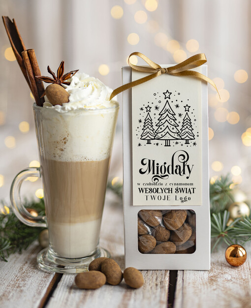 CHRUPKIE DODATKI Migdały w belgijskiej mlecznej czekoladzie z cynamonem drobne prezenty biznesowe dla firm, drobne słodycze upominki na święta dla pracowników, prezent bożonarodzeniowy dla pracowników i kontrahentów, drobne prezenty firmowe