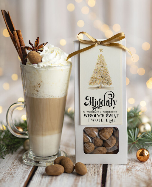 CHRUPKIE DODATKI Migdały w belgijskiej mlecznej czekoladzie z cynamonem drobne prezenty biznesowe dla firm, drobne słodycze upominki na święta dla pracowników, prezent bożonarodzeniowy dla pracowników i kontrahentów, drobne prezenty firmowe