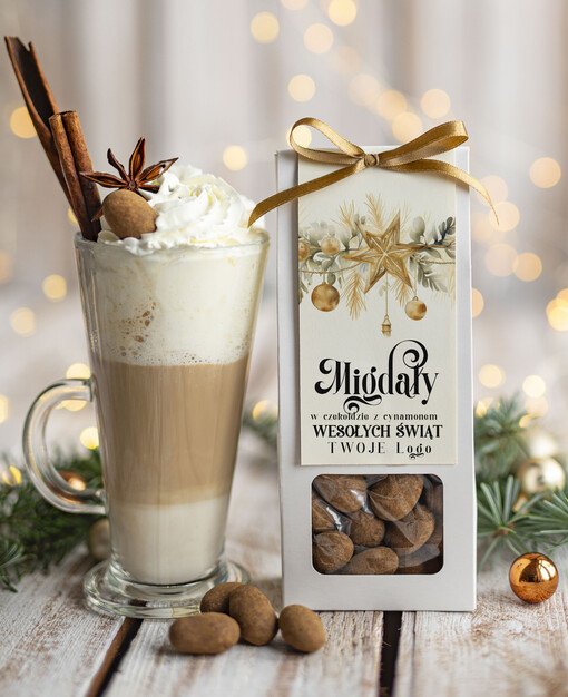 CHRUPKIE DODATKI Migdały w belgijskiej mlecznej czekoladzie z cynamonem drobne prezenty biznesowe dla firm, drobne słodycze upominki na święta dla pracowników, prezent bożonarodzeniowy dla pracowników i kontrahentów, drobne prezenty firmowe