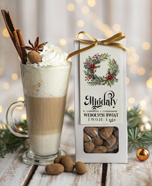 CHRUPKIE DODATKI Migdały w belgijskiej mlecznej czekoladzie z cynamonem drobne prezenty biznesowe dla firm, drobne słodycze upominki na święta dla pracowników, prezent bożonarodzeniowy dla pracowników i kontrahentów, drobne prezenty firmowe