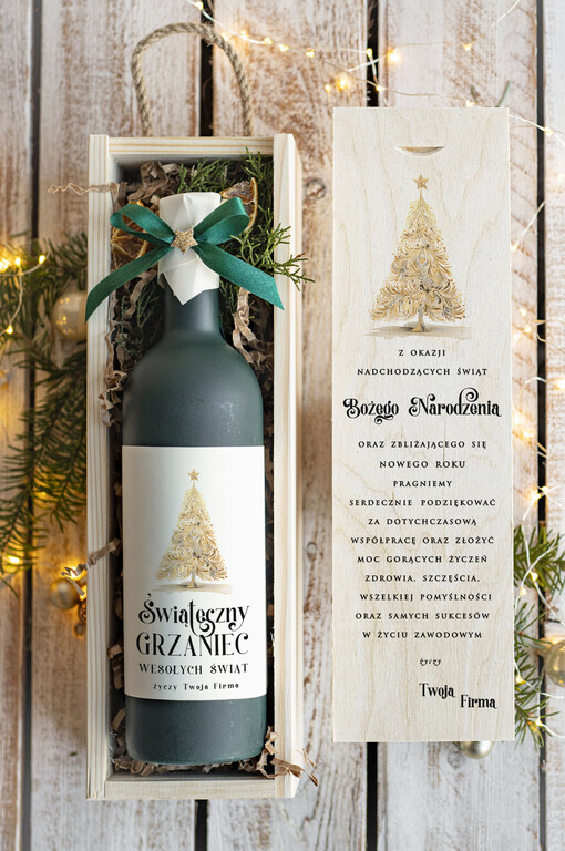 GRZANIEC Grzaniec ze świąteczną etykietą w drewnianej skrzynce z nadrukiem, firmowe świąteczne prezenty dla klientów, upominki prezenty biznesowe dla firm,