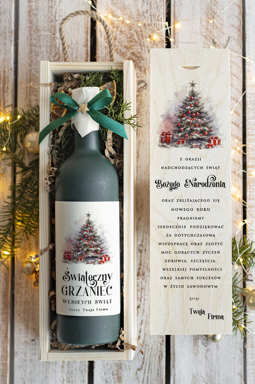GRZANIEC Grzaniec ze świąteczną etykietą w drewnianej skrzynce z nadrukiem, firmowe świąteczne prezenty dla klientów, upominki prezenty biznesowe dla firm,