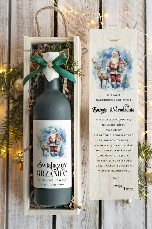GRZANIEC Grzaniec ze świąteczną etykietą w drewnianej skrzynce z nadrukiem, firmowe świąteczne prezenty dla klientów, upominki prezenty biznesowe dla firm,