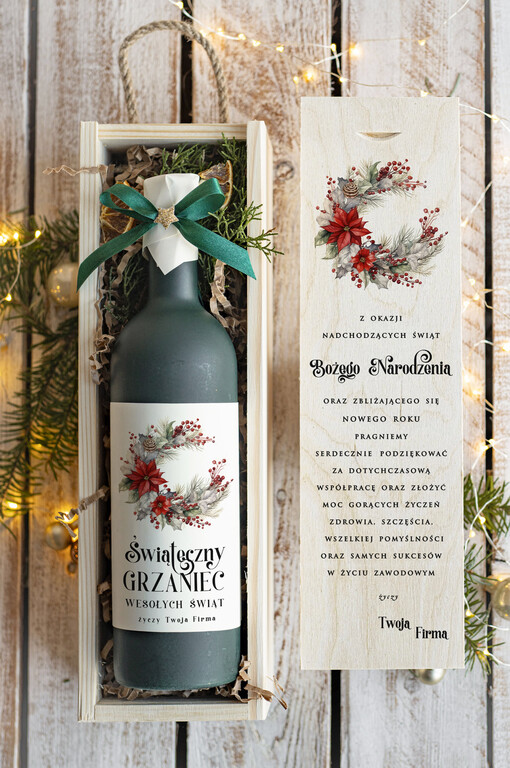 GRZANIEC Grzaniec ze świąteczną etykietą w drewnianej skrzynce z nadrukiem, firmowe świąteczne prezenty dla klientów, upominki prezenty biznesowe dla firm,