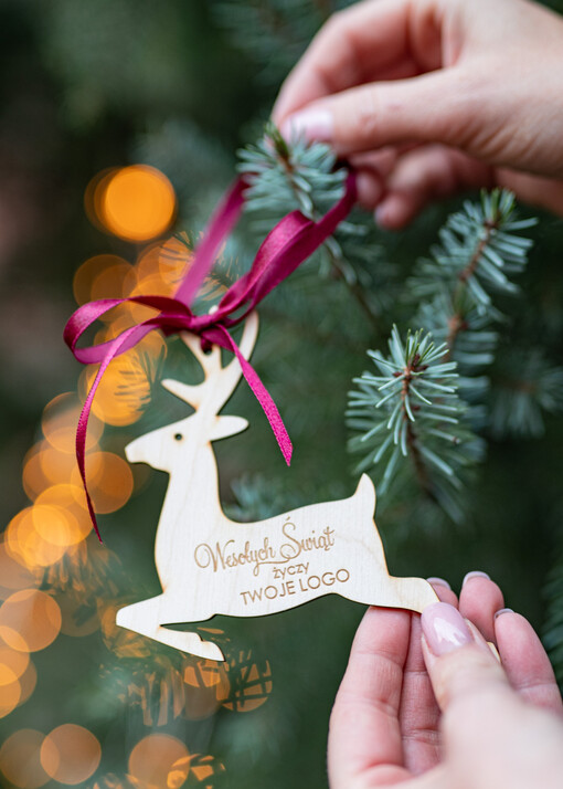 DREWNIANE ZAWIESZKI Prezent Biznesowy Na Święta z Logo drewniana Bombka z logo na choinkę Zawieszka z Logo Firmy  z Logo