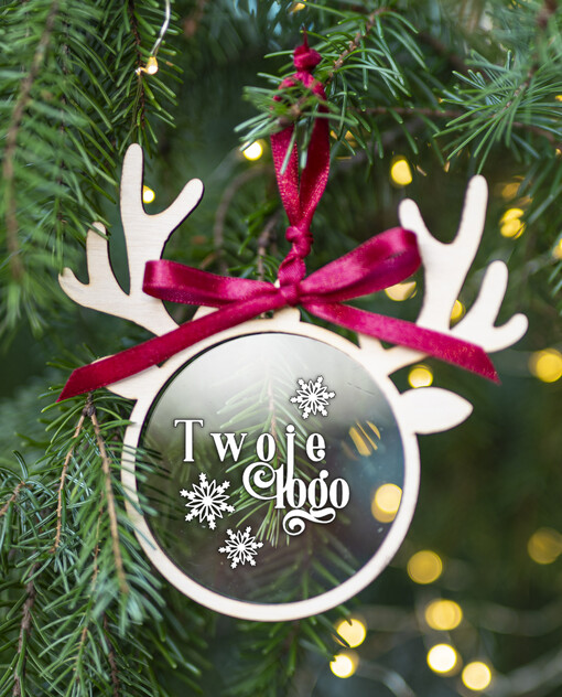 DREWNIANE ZAWIESZKI Prezent Biznesowy Na Święta Bombka Renifer  z Logo Zawieszka Choinka z logo dla firm idealny upominek B2B