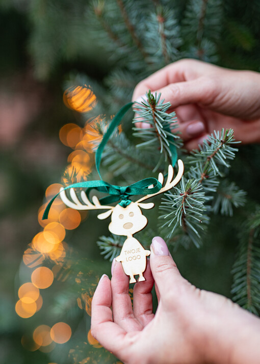 DREWNIANE ZAWIESZKI Prezent Biznesowy Na Święta z Logo drewniana Bombka z logo na choinkę Zawieszka Rudolf z Logo Firmy  z Logo