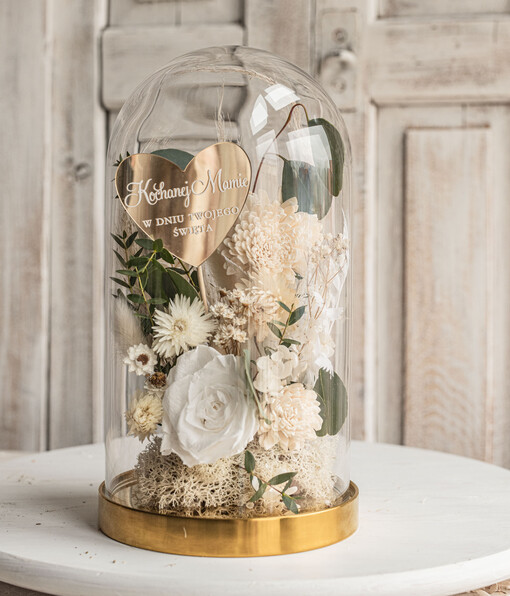 kwiaty flowerboxy wieczna róża w szklanej kopule, prezent dla mamy flowerbox z suszonych kwiatów, suszone kwiaty w szkle, kompozycja kwiatowa w kopułce ze szkła
