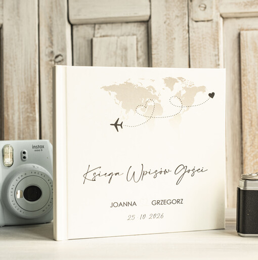 podróżnicze księga wpisów gości na wesele z motywem podróży - księga pamiątkowa na ślub dla podróżników