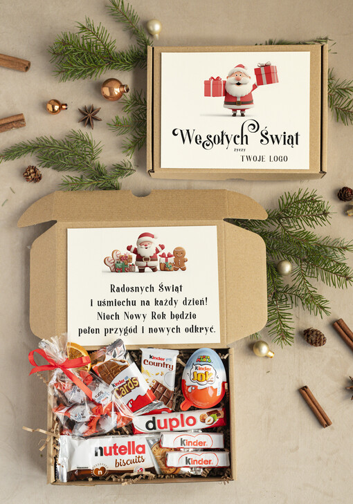 mini zestawy  upominki dla najmłodszych z logo firmy Małe boxy prezentowe zestawy ze słodyczami