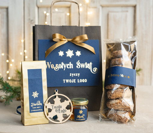 mini zestawy  upominki świąteczne dla klientów z logo firmy Małe boxy prezentowe zestawy z kawą i herbatą miody