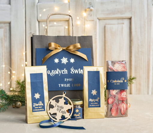 mini zestawy  upominki świąteczne dla klientów z logo firmy Małe boxy prezentowe zestawy z kawą i herbatą miody