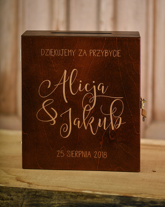 Pudełko na koperty DREWNIANE weselna skrzynka na koperty z życzeniami, drewniana rustykalna grawerowane imiona i data 04/drm/kopr