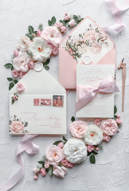 Zaproszenia ślubne Natura eleganckie zaproszenia ślubne romantyczne róże piękna kokarda 1/roses/z