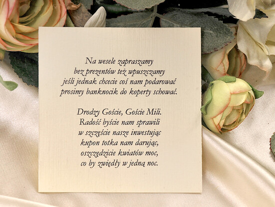 Zaproszenia ślubne dodatki bilecik w formie wizytówki do zaproszenia z wierszykami o prezentach wino 2 treści na osobnej karteczce/bilecik z prośbą o pieniążki