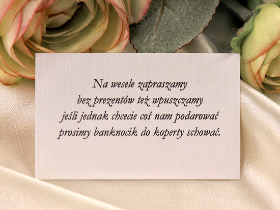 Zaproszenia ślubne dodatki bilecik w formie wizytówki do zaproszenia z wierszykiem o prezentach wino 1 treść na osobnej karteczce/bilecik z prośbą o pieniążki