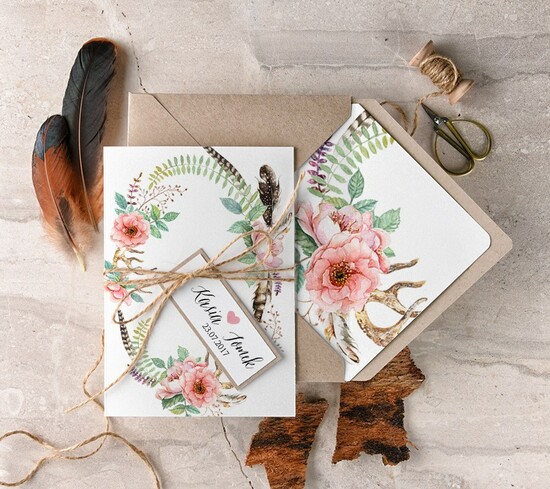 Zaproszenia ślubne Boho  nowoczesne zaproszenia ślubne, boho styl kwiatowy elegancki 01/BHsz3/z
