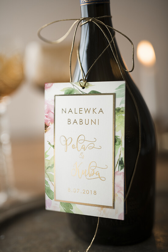Zawieszki na butelki glamour zawieszki na alkohole weselne, złote z dowolną treścią 03/GNO/zw