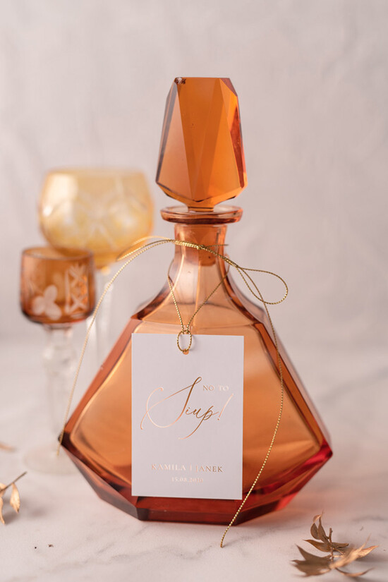 Zawieszki na butelki glamour etykieta na wódkę zawieszka na alkohol weselny, złote z waszą treścią 02/foldg/zw