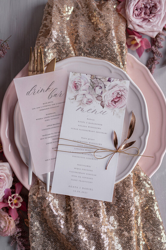Menu glamour ślubne menu z planem podawania dań wesenych eleganckie zlocone litery wasza treść 01/kalkaL/m