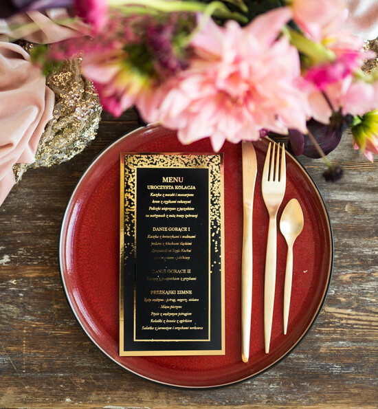 Menu glamour ślubne menu karta potraw weselnych, złote lub srebrne napisy wasza treść 08/Glz/m