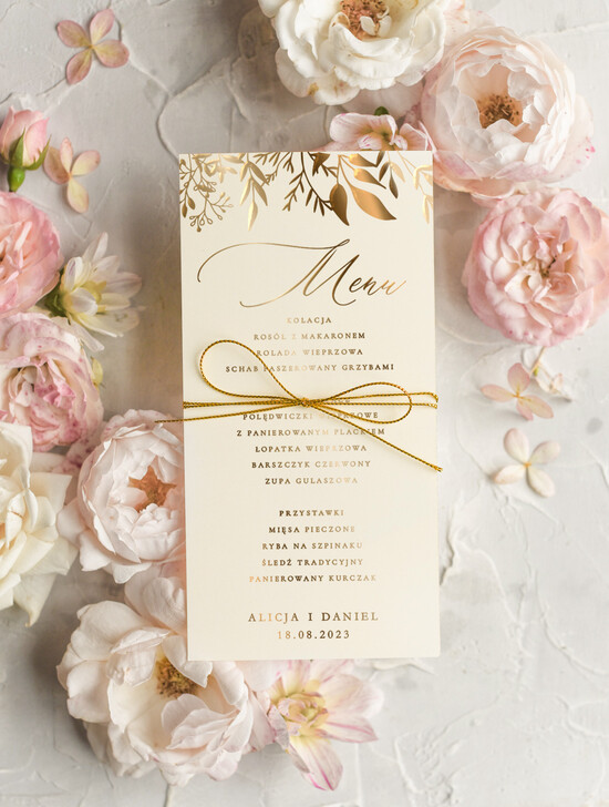 Menu glamour menu weselne na stoły plan podawania posiłków, zlocone napisy dowolna treść 02/goldsk/m