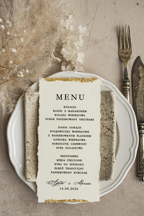 Menu glamour weselne menu karta potraw weselnych, złote i eleganckie na klasyczne wesele, menu weselne z płatkami 02/wrzlN/m25