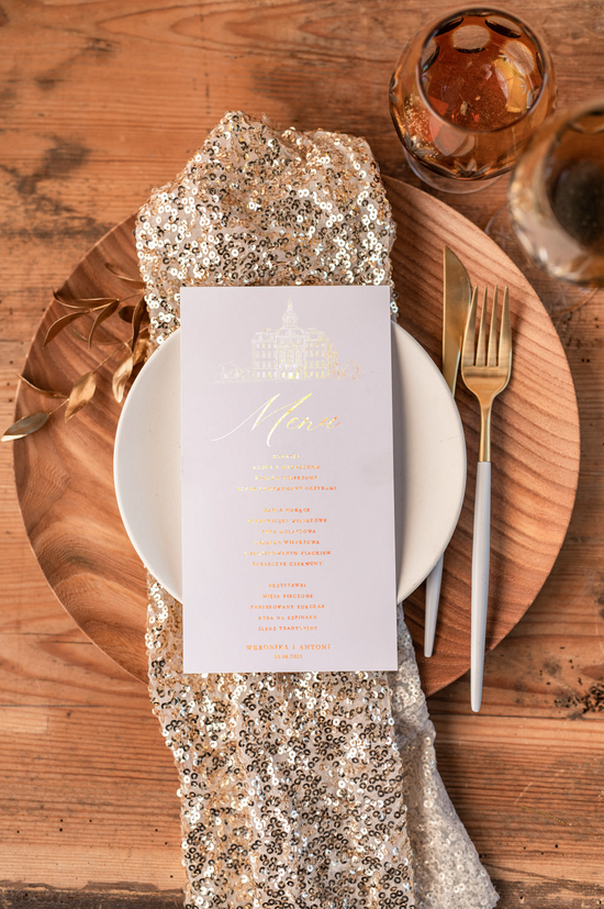 Menu glamour menu weselne plan podawania posiłków na weselu, zlocone napisy dowolna treść 1/archi/m