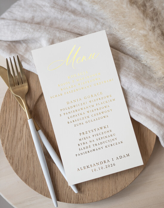 Menu glamour ślubne menu z planem podawania dań wesenych, eleganckie zlocone litery wasza treść 01/KZŁkalSs/m25