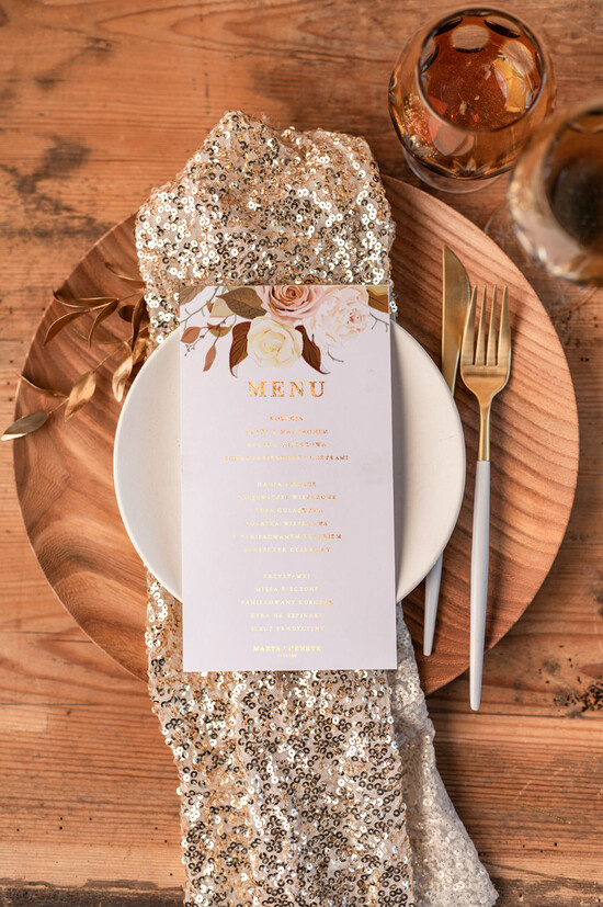 Menu glamour menu weselne na stoły plan podawania posiłków eleganckie zlocone litery wasza treść 6/GEOKAP/m