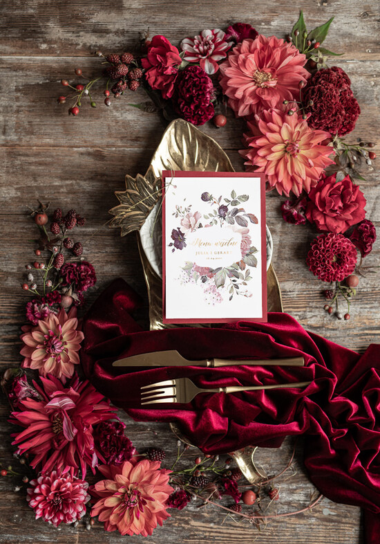 Menu glamour ślubne menu z planem podawania dań wesenych złote i eleganckie na klasyczne wesele 01/pcklam/m