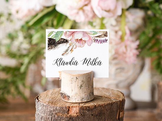 Winietki Boho/etno/pióra ślubne winietki na stół weselny 01/BHsz3/wDR