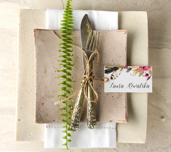 Winietki Boho/etno/pióra eleganckie winietki na stół weselny wizytówki ślubne 01/BHszK/wP