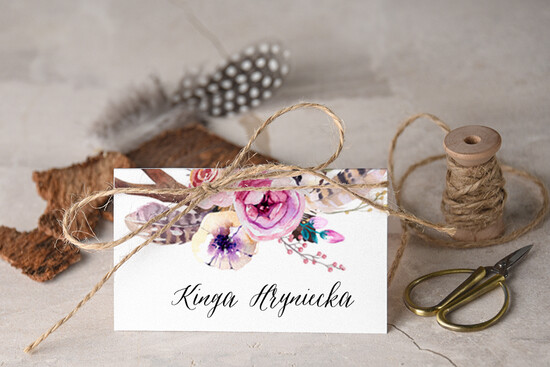 Winietki Boho/etno/pióra boho ślubne winietki rustykalne wizytówki na stół weselny    14/BHszK1/w