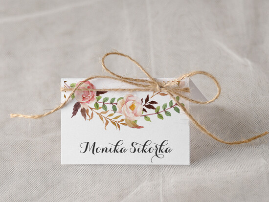 Winietki Boho/etno/pióra winietki ślubne wizytówki na stół weselny 24/bhSZ/w