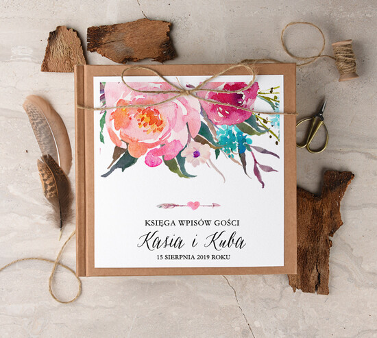 Księgi wpisów gości Boho/etno/pióra album na zdjęcia ślubne i wpisy gości weselnych, boho style z romantycznymi elementami 03/BHszR/kwg
