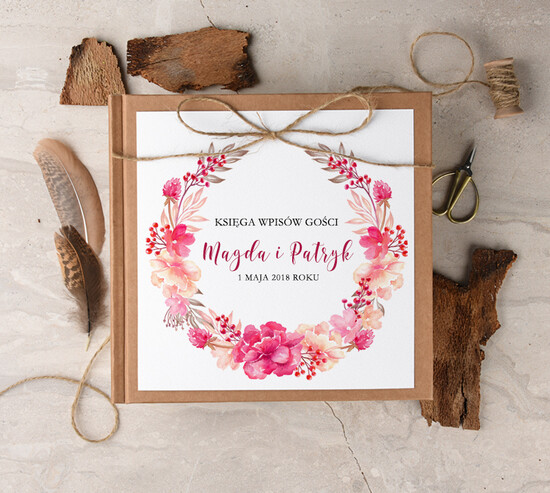Księgi wpisów gości Boho/etno/pióra album ślubny personalizowany i księga gości weselnych w jednym, wasze imiona i data w stylu rustykalnym 35/cc/kwg