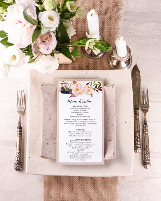 Menu boho menu weselne plan podawania posiłków na weselu, boho wasze imiona i treść 01/bhSZ/m