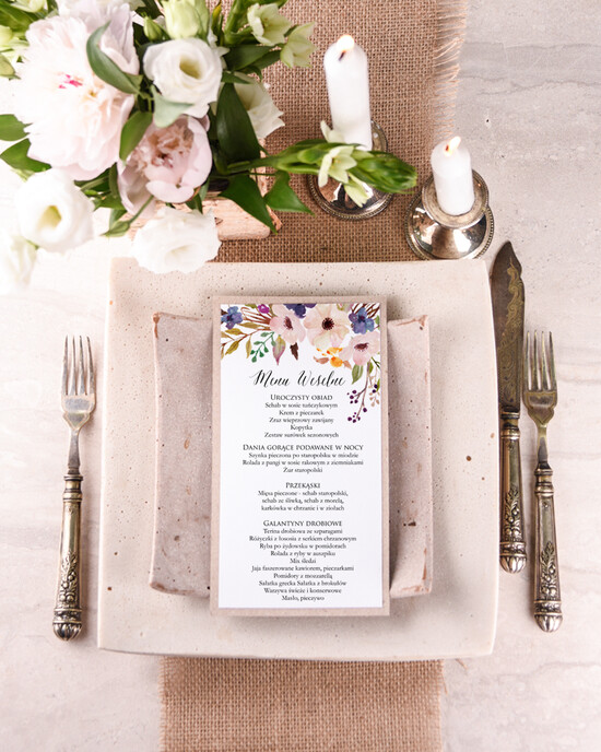 Menu boho menu weselne plan podawania posiłków na weselu, w stylu boho wasza treść 02/BHszK/m