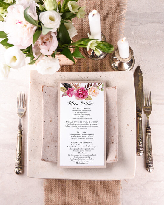 Menu boho menu weselne na stoły plan podawania posiłków, w stylu boho wasza treść 03/bhSZ/m