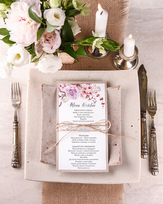 Menu boho menu weselne plan podawania posiłków na weselu, boho na romantyczne wesele 10/BHsz1/m