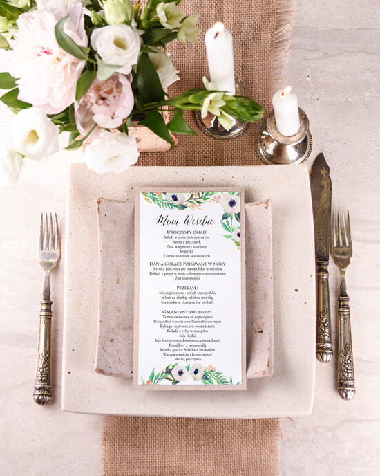 Menu boho menu weselne plan podawania posiłków na weselu, boho na romantyczne wesele 11/bhSZ/m