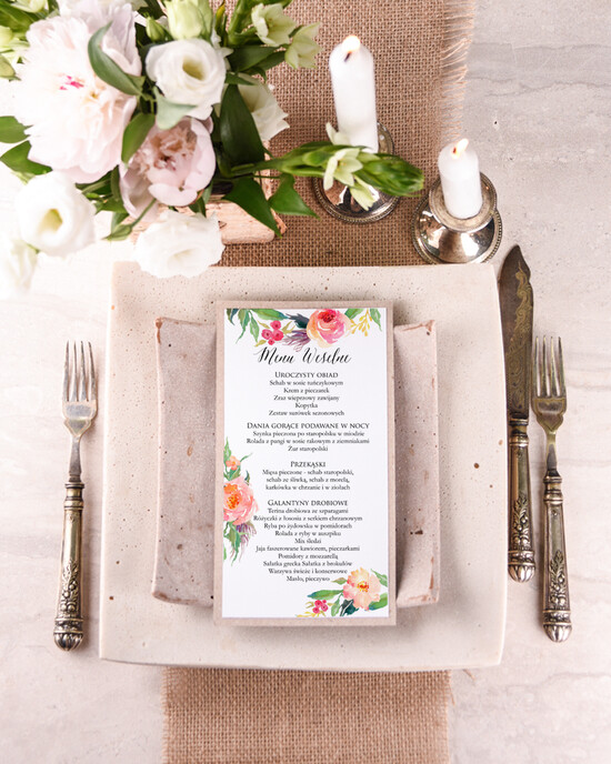 Menu boho menu weselne plan podawania posiłków na weselu, boho wasze imiona i treść 22/bhSZ/m