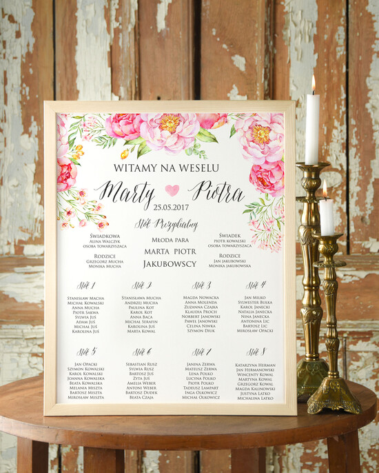 Plany stołów Plakaty Boho tablica informacyjna dla gości weselnych w stylu boho romantyczne kwiaty\ 002/BHszK/PL